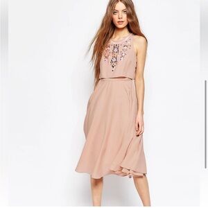 ASOS-Womens Embellished Beaded Sequin Crop Top Midi Dress Blush Pink Nude,Size 8